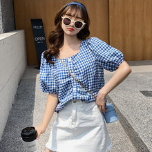 Load image into Gallery viewer, Short-Sleeved Women&#39;s Plaid French Style Short Top Square Collar Puff Sleeve Cotton And Linen Blouse 2020 New Summer Tee Young