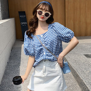 Short-Sleeved Women's Plaid French Style Short Top Square Collar Puff Sleeve Cotton And Linen Blouse 2020 New Summer Tee Young