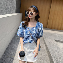 Load image into Gallery viewer, Short-Sleeved Women&#39;s Plaid French Style Short Top Square Collar Puff Sleeve Cotton And Linen Blouse 2020 New Summer Tee Young