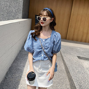 Short-Sleeved Women's Plaid French Style Short Top Square Collar Puff Sleeve Cotton And Linen Blouse 2020 New Summer Tee Young