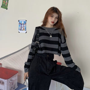 Short Striped Y2k Women Sweaters O neck Pullovers Knitted Jumpers Loose Sexy Sweet Students Streetwear Fashion Stylish Vintage