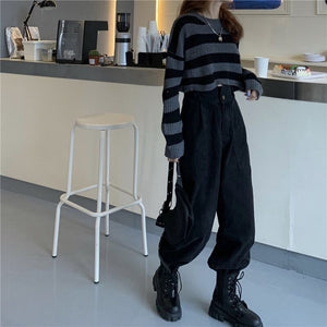 Short Striped Y2k Women Sweaters O neck Pullovers Knitted Jumpers Loose Sexy Sweet Students Streetwear Fashion Stylish Vintage