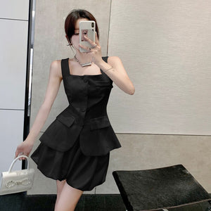 Shorts 2 Piece Set Fashion Casual Blazer Women Sleeveless Single Breasted Vest Top + Elastic Waist Shorts Suits Female Summer