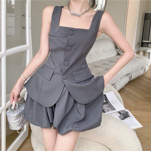 Shorts 2 Piece Set Fashion Casual Blazer Women Sleeveless Single Breasted Vest Top + Elastic Waist Shorts Suits Female Summer