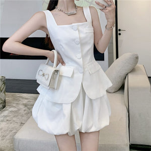 Shorts 2 Piece Set Fashion Casual Blazer Women Sleeveless Single Breasted Vest Top + Elastic Waist Shorts Suits Female Summer