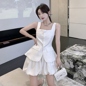 Shorts 2 Piece Set Fashion Casual Blazer Women Sleeveless Single Breasted Vest Top + Elastic Waist Shorts Suits Female Summer