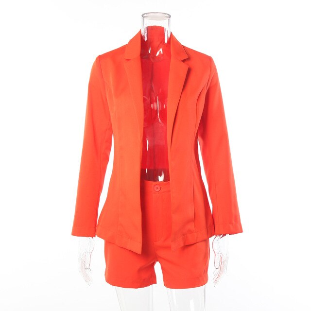 Shorts Sets Women Summer 2021 Long Sleeve Blazer And Short Two Piece Set Female Clothing Fashion Style Suit Orange Pink Yellow
