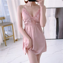 Load image into Gallery viewer, Silk Negligee Women Hot Erotic Nightgowns Satin Sleepwear Lace Night Dress Lingerie V-neck Nightie Nightwear Elegant Homewear