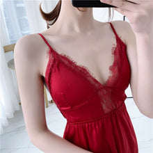 Load image into Gallery viewer, Silk Negligee Women Hot Erotic Nightgowns Satin Sleepwear Lace Night Dress Lingerie V-neck Nightie Nightwear Elegant Homewear