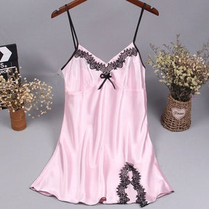 Silk Nightwear Satin Nightgown Women Lace Sexy Lingerie Nighties V-neck Night Dress Sleepwear Ladies Home Clothing