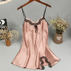 Silk Nightwear Satin Nightgown Women Lace Sexy Lingerie Nighties V-neck Night Dress Sleepwear Ladies Home Clothing