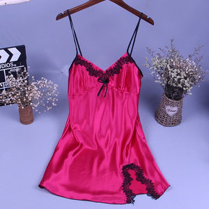 Silk Nightwear Satin Nightgown Women Lace Sexy Lingerie Nighties V-neck Night Dress Sleepwear Ladies Home Clothing