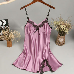 Silk Nightwear Satin Nightgown Women Lace Sexy Lingerie Nighties V-neck Night Dress Sleepwear Ladies Home Clothing