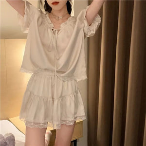 Silk Pajamas For Women Set Summer Pyjamas Women Thin Outer Wear Home Clothes Loose Solid Color Lace Kawaii Style Two-Piece Set