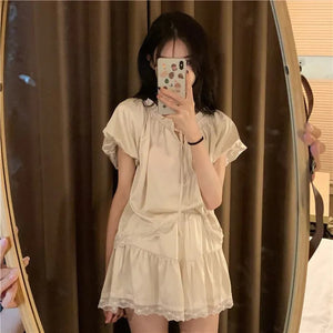 Silk Pajamas For Women Set Summer Pyjamas Women Thin Outer Wear Home Clothes Loose Solid Color Lace Kawaii Style Two-Piece Set