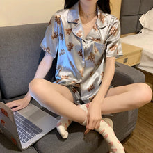 Load image into Gallery viewer, Silk Pajamas For Women Summer Thin Little Bear Printing Short Sleeve Shorts Cartoon Style Women&#39;S 2 Piece Set Satin Home Dress