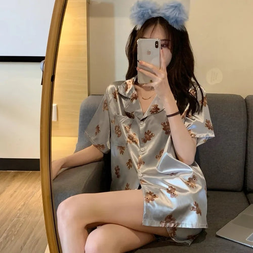 Silk Pajamas For Women Summer Thin Little Bear Printing Short Sleeve Shorts Cartoon Style Women'S 2 Piece Set Satin Home Dress