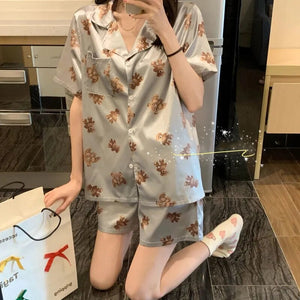 Silk Pajamas For Women Summer Thin Little Bear Printing Short Sleeve Shorts Cartoon Style Women&#39;S 2 Piece Set Satin Home Dress