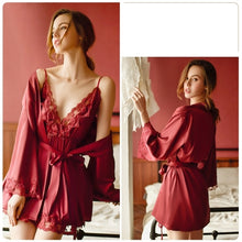 Load image into Gallery viewer, Silk Robe &amp; Gown Set Womens Lace Bathrobe Sexy Hot Erotic kimono Floral Robes Bridesmaids Femme Sleepwear Nighties Satin Homme