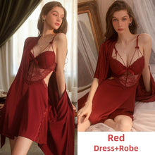 Load image into Gallery viewer, Silk Robe for Women Pamajas Set Sexy Sleepwear BathRobe Sets Lace Night Dress Backless Camisole Nightgown Sleep Tops Lingerie