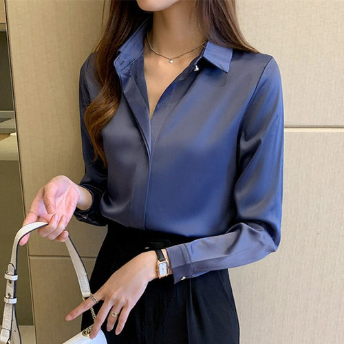 Silk Shirt Women's White Shirt Long-Sleeved Shirt Commuter Office Ladies Satin Silk One-Button Top Plus Size Ladies New 2021