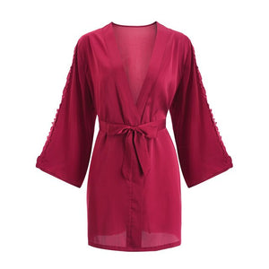 Silky Pajamas for Women Bathrobe Morning Gowns Lace-up Cutout Flower V-Neck Nightdress Gift for Wedding Homewear Sleep Set