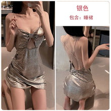 Load image into Gallery viewer, Silver Shiny Sexy Dress Women Lingerie Erotica Nightdress Bow Hollow Chain Slim Mini Skirt Night Club European Clothing Cosplay