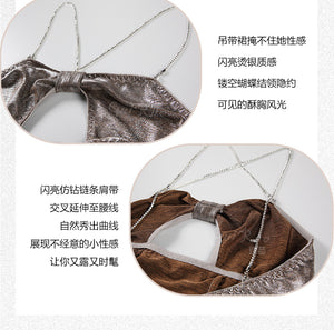 Silver Shiny Sexy Dress Women Lingerie Erotica Nightdress Bow Hollow Chain Slim Mini Skirt Night Club European Clothing Cosplay