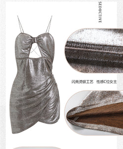 Silver Shiny Sexy Dress Women Lingerie Erotica Nightdress Bow Hollow Chain Slim Mini Skirt Night Club European Clothing Cosplay