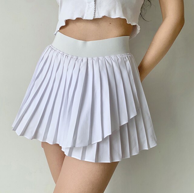 Simple High Waist Solid Tennis Sports Pleated Skirt With Shorts Women Harajuku Black White Plus Size Sexy Mini Asymmetric Skirts