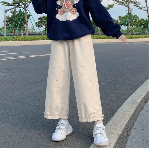 Simple Japanese Cute Wide Leg Pants Woman Elastic Waist Fungus Cargo Trousers Spring Cartoon Kawaii Bear Pantalones Mujer