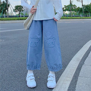 Simple Japanese Cute Wide Leg Pants Woman Elastic Waist Fungus Cargo Trousers Spring Cartoon Kawaii Bear Pantalones Mujer