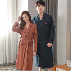 Simple Natural Cotton Lovers Robe Bathrobes Solid Women's Cotton Sleeprobe Men's Japanese Kimono Gown Loose Home Clothes M-4XL