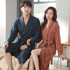 Simple Natural Cotton Lovers Robe Bathrobes Solid Women's Cotton Sleeprobe Men's Japanese Kimono Gown Loose Home Clothes M-4XL