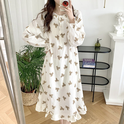 Simple O-neck Cartoon Cute Nightgowns Spring Long Sleeve Bear Sleep Dress Mori Girl Fungus Kawaii Sleeping Dress Night Wear