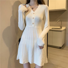 Load image into Gallery viewer, Simple V Neck Long Sleeve Knitted Dress Women Korean Style Chic Slim Fit Elegant All Match Robe Autumn Winter Bottom Vestidos