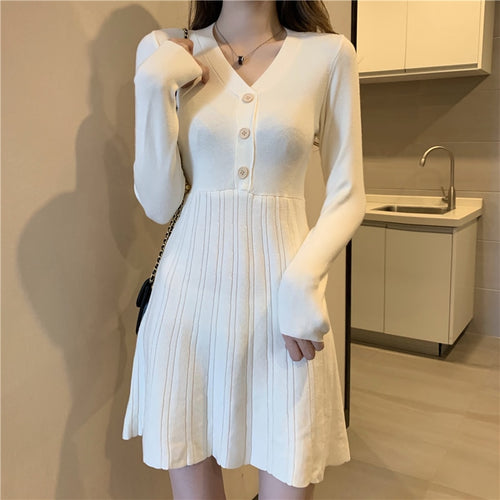 Simple V Neck Long Sleeve Knitted Dress Women Korean Style Chic Slim Fit Elegant All Match Robe Autumn Winter Bottom Vestidos