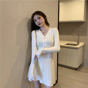 Simple V Neck Long Sleeve Knitted Dress Women Korean Style Chic Slim Fit Elegant All Match Robe Autumn Winter Bottom Vestidos
