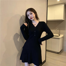 Load image into Gallery viewer, Simple V Neck Long Sleeve Knitted Dress Women Korean Style Chic Slim Fit Elegant All Match Robe Autumn Winter Bottom Vestidos
