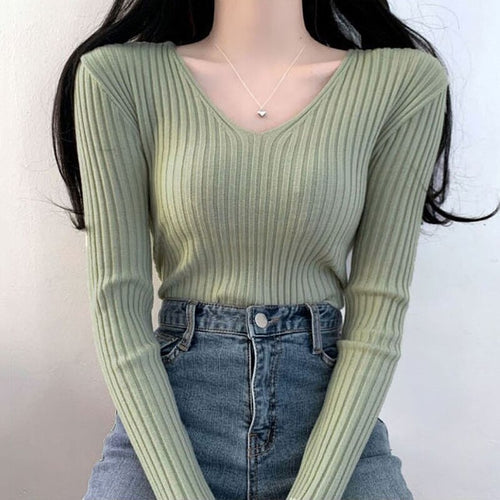 Simple V Neck Long Sleeve Slim Fit Bottoming Sweater Women Korean Style Chic Elegant Autumn Winter 2022 Knitted Pullovers Jumper
