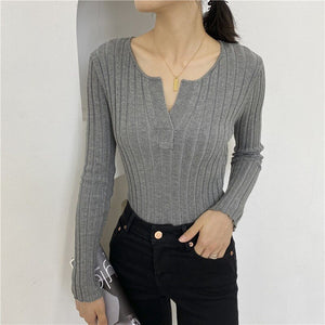 Simple V Neck Slim Fit Sweater Women Korean Style Chic Long Sleeve Knitted Pullovers Women Autumn Winter Bottom Sweaters Women