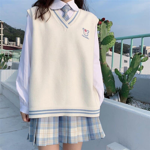 Simple V-neck Sweet Cartoon Cute Knitted Vests Women 2022 Casual Sleeveless Fresh Kawaii Waistcoats Spring Kawaii Clothes