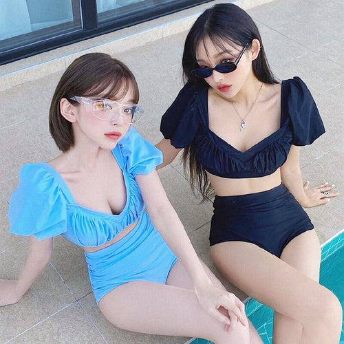 Sister Solid Swim Bikinis Short Sleeve Pleated Padded Biquini Swimsuit Sexy Push Up High Waist Two-piece Bathing Suit