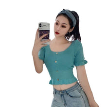 Load image into Gallery viewer, Skinny T-shirts Girls Cropped Slim Fashion Knitting Pullovers Vintage Tee Summer Tops Solf Woman Slim Ruffles Crop Sweaters Pink
