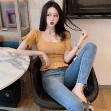 Load image into Gallery viewer, Skinny T-shirts Girls Cropped Slim Fashion Knitting Pullovers Vintage Tee Summer Tops Solf Woman Slim Ruffles Crop Sweaters Pink