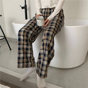 Sleep Bottom Home Pants Women Homewear Plaid Ankle Length Pajamas Pant Wide-Leg Comfortable Elastic Vintage Oversized Pyjamas