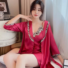 Load image into Gallery viewer, Sleepwear Woman Summer Short-Sleeve Silk Thin Satin Pajamas Suspenders Nightdress Robe 2 Piece Set Female Lace Nightwear