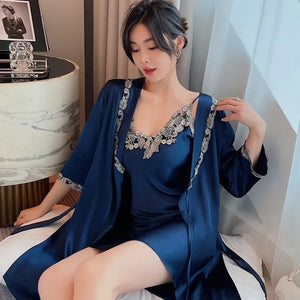 Sleepwear Woman Summer Short-Sleeve Silk Thin Satin Pajamas Suspenders Nightdress Robe 2 Piece Set Female Lace Nightwear