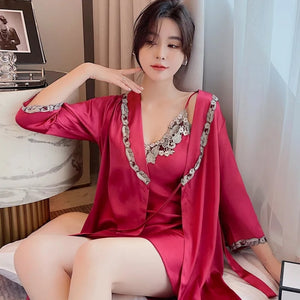 Sleepwear Woman Summer Short-Sleeve Silk Thin Satin Pajamas Suspenders Nightdress Robe 2 Piece Set Female Lace Nightwear