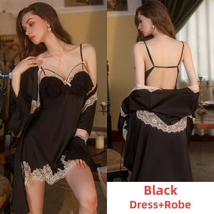 Sleepwear Women Pamajas Set Silk Robe Sexy BathRobe Sets Night Dress Backless Camisole Lace Nightgown Sleep Tops Summer 2022